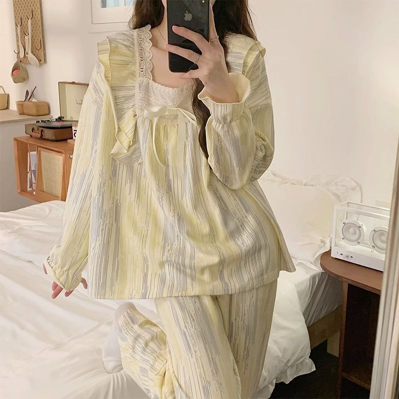 春秋季2023新款可愛帶胸墊睡衣女長袖長褲套裝公主大碼家居服外穿