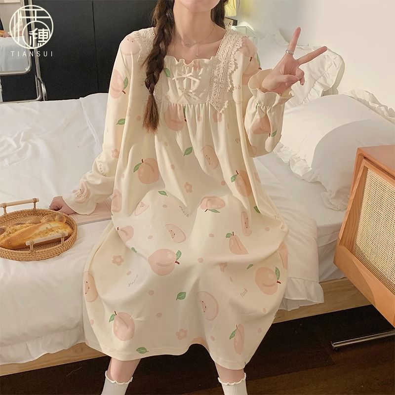 春秋季2023新款桃子睡裙睡衣女士網紅風長袖大碼孕婦家居服可外穿