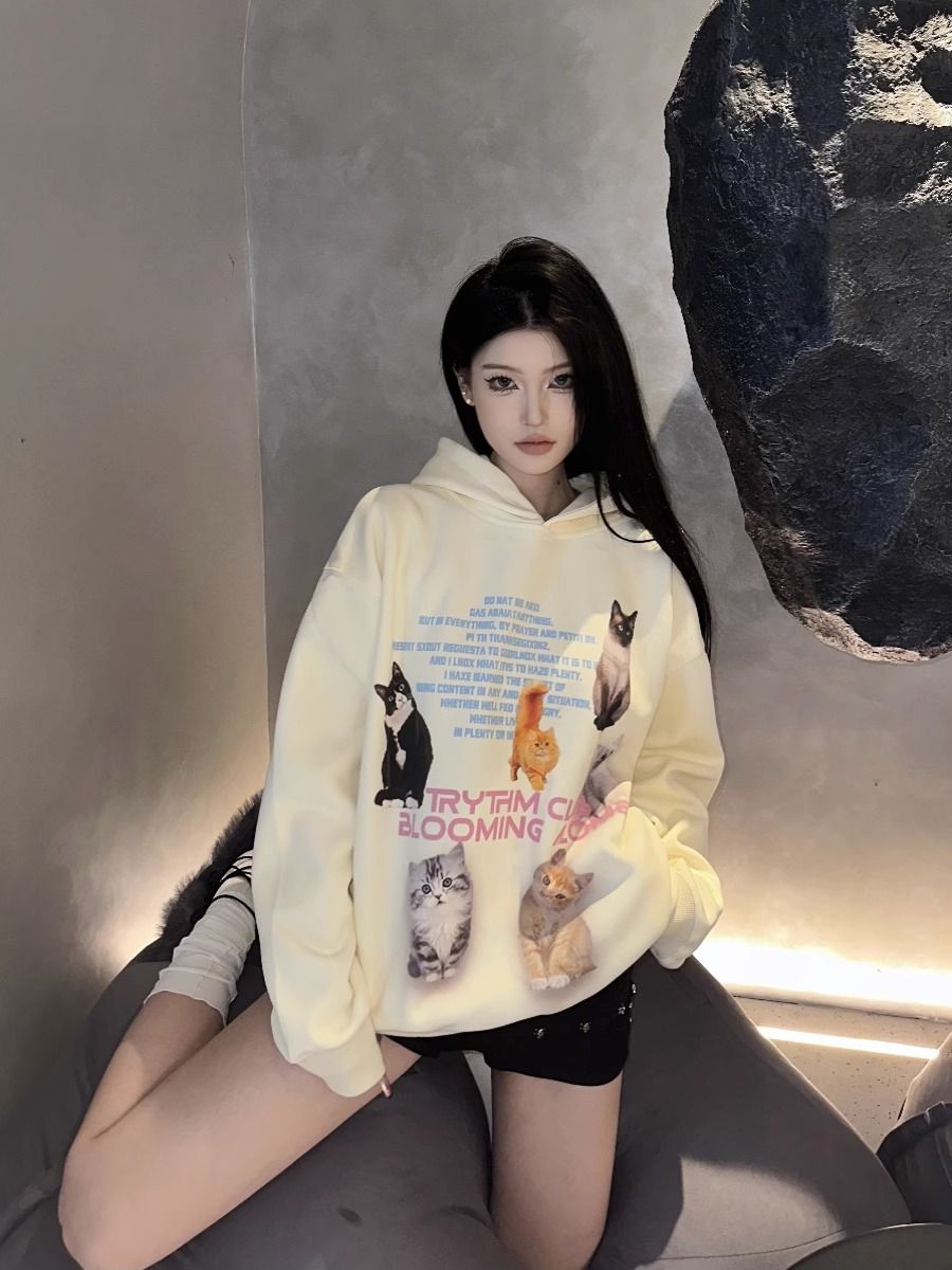 美式復古貓咪動物印花純棉連帽衛衣套頭寬鬆oversize情侶男女上衣