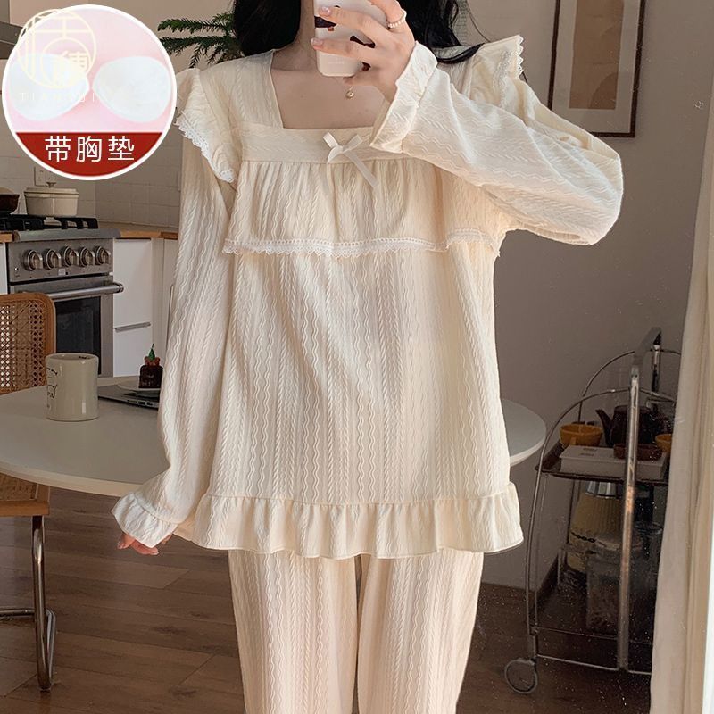 帶胸墊提花棉睡衣女春秋季2023新款長袖花邊公主風家居服兩件套爆