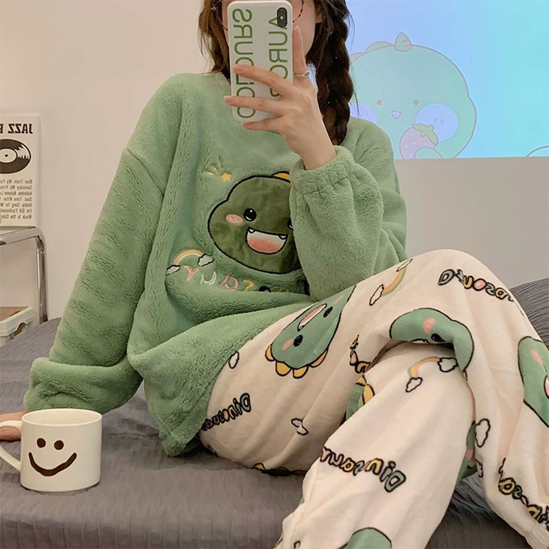 法蘭絨睡衣女士冬天長袖加絨加厚卡通恐龍寬鬆珊瑚絨家居服兩件套