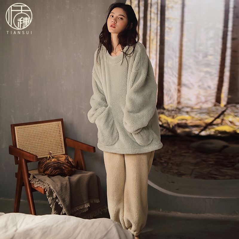 珊瑚絨睡衣女秋冬季加厚加絨保暖法蘭絨口袋設計感外穿家居服套裝