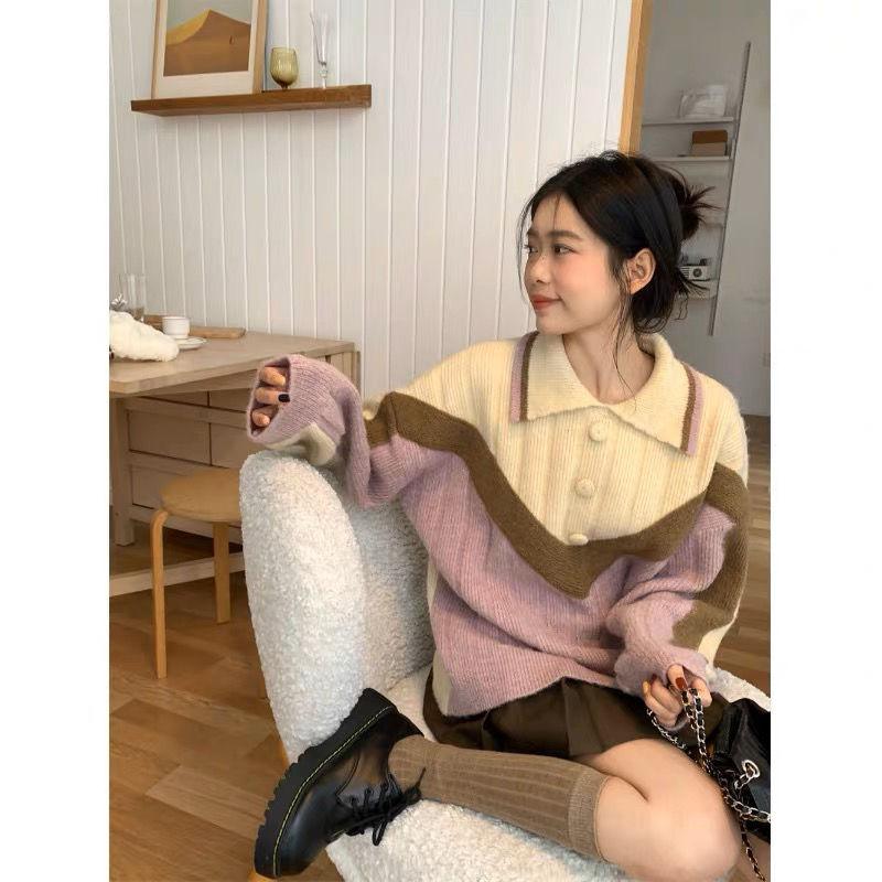 可愛POLO領設計感甜美溫柔風針織衫2023年秋冬新款寬鬆氣質毛衣女