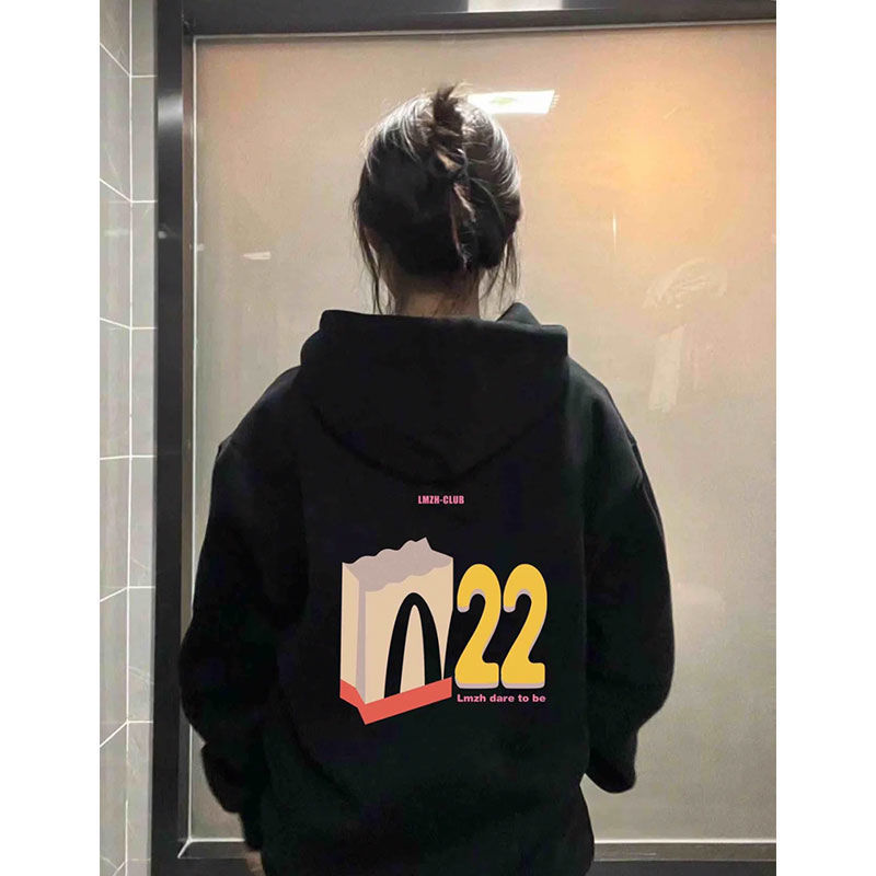 美式連帽情侶衛衣春秋重磅慵懶chic寬鬆黑色外套女士vintage潮牌