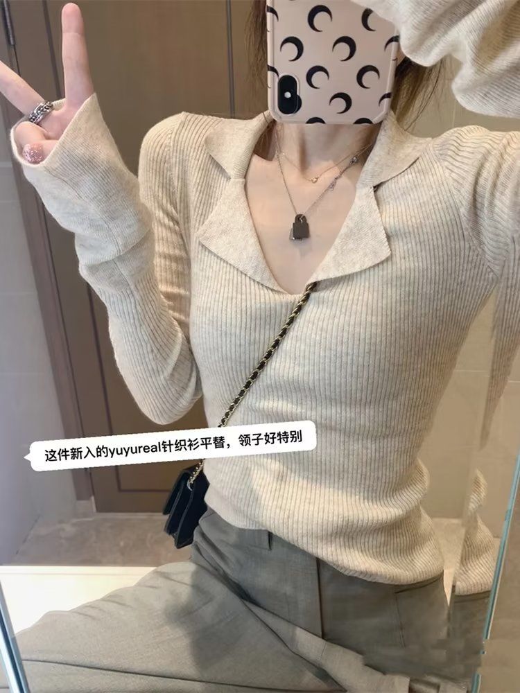 2023新款韓系高級感v領毛衣女秋冬短款針織衫打底衫獨特别致上衣