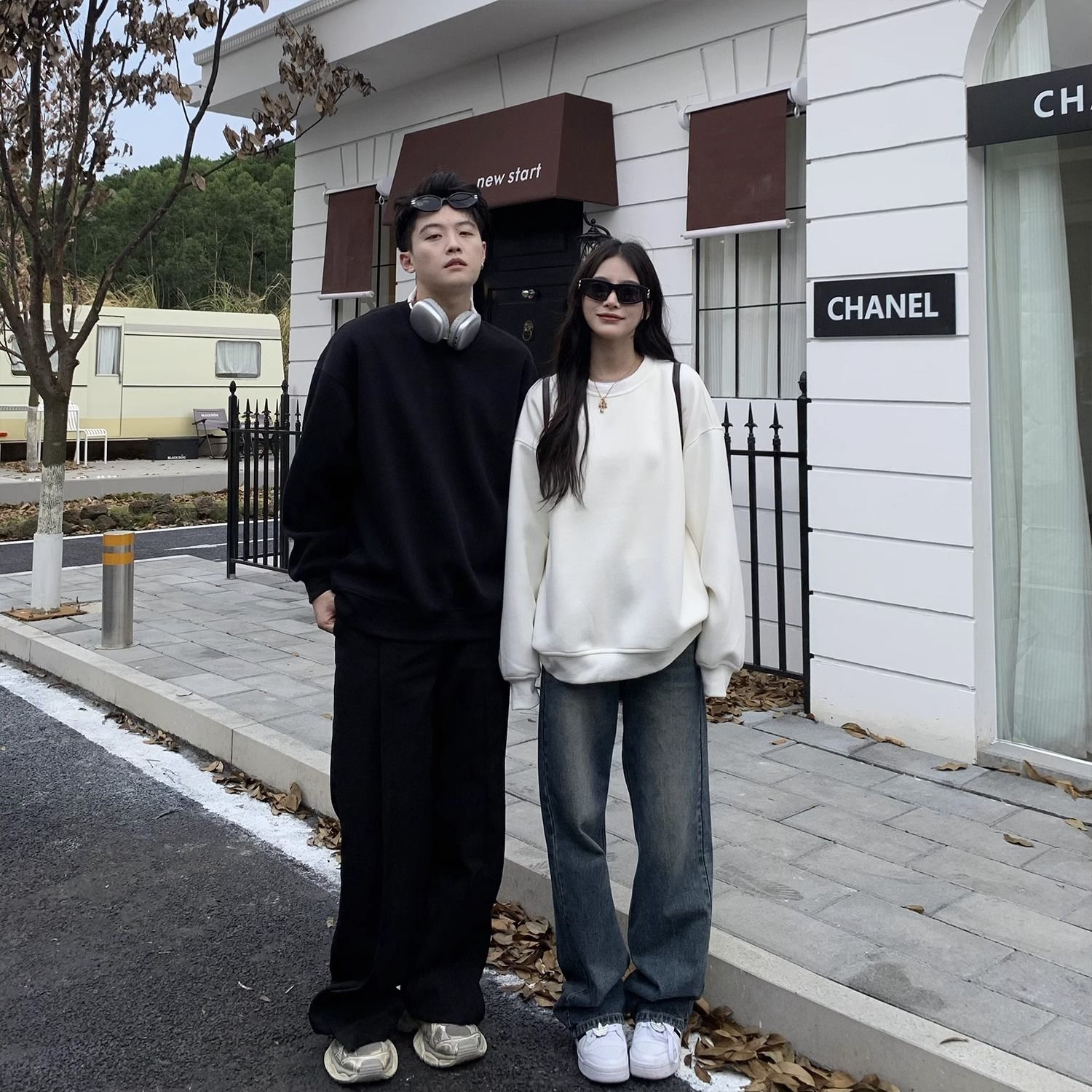 重磅純棉純色情侶圓領衛衣秋冬季新款oversize寬鬆顯瘦中長款上衣