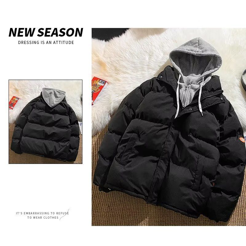 連帽假兩件棉服男女同款冬季美式復古韓版寬鬆BF慵懶風情侶棉衣