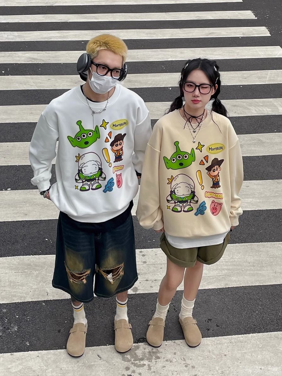 重磅純棉卡通印花情侶圓領衛衣女秋冬季新款oversize潮牌百搭上衣