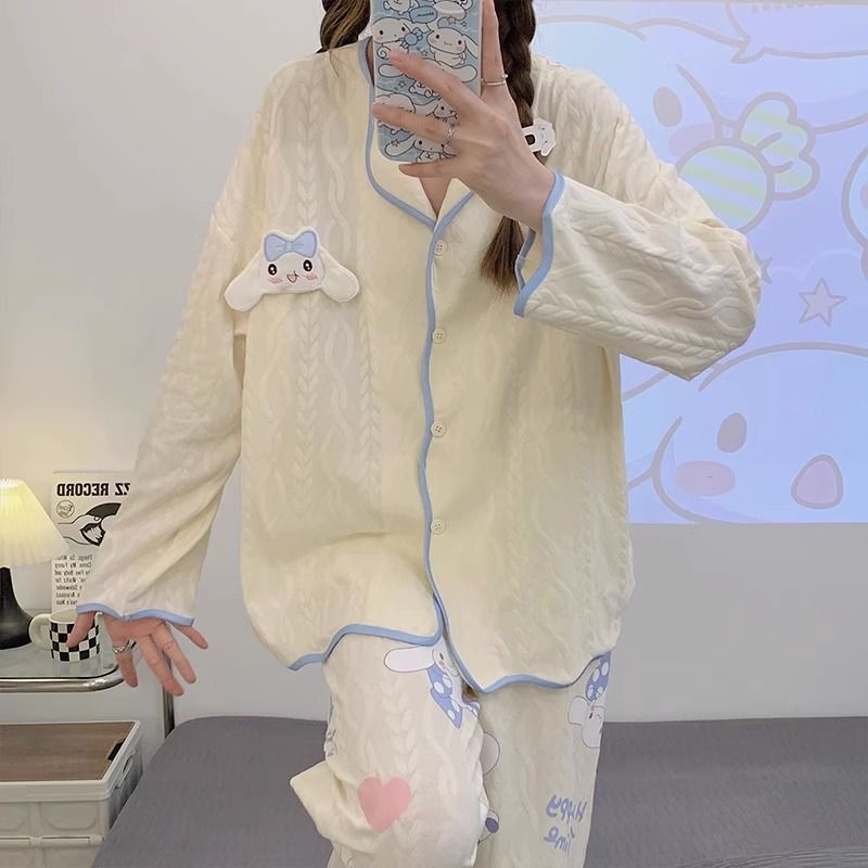 睡衣女春秋款棉长袖新款夏季可爱少女翻领开衫套装家居服外穿