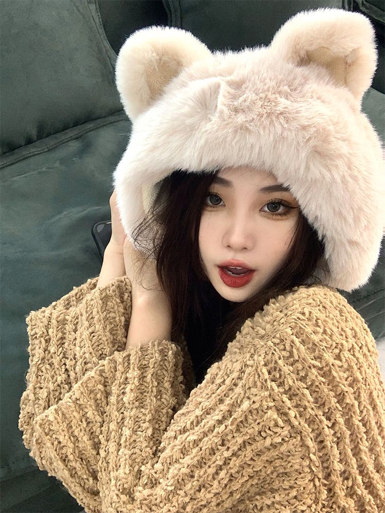 Sweet and cute fox ears plush strap Lei Feng hat Japanese versatile autumn and winter Korean style ear protection woolen hat for women