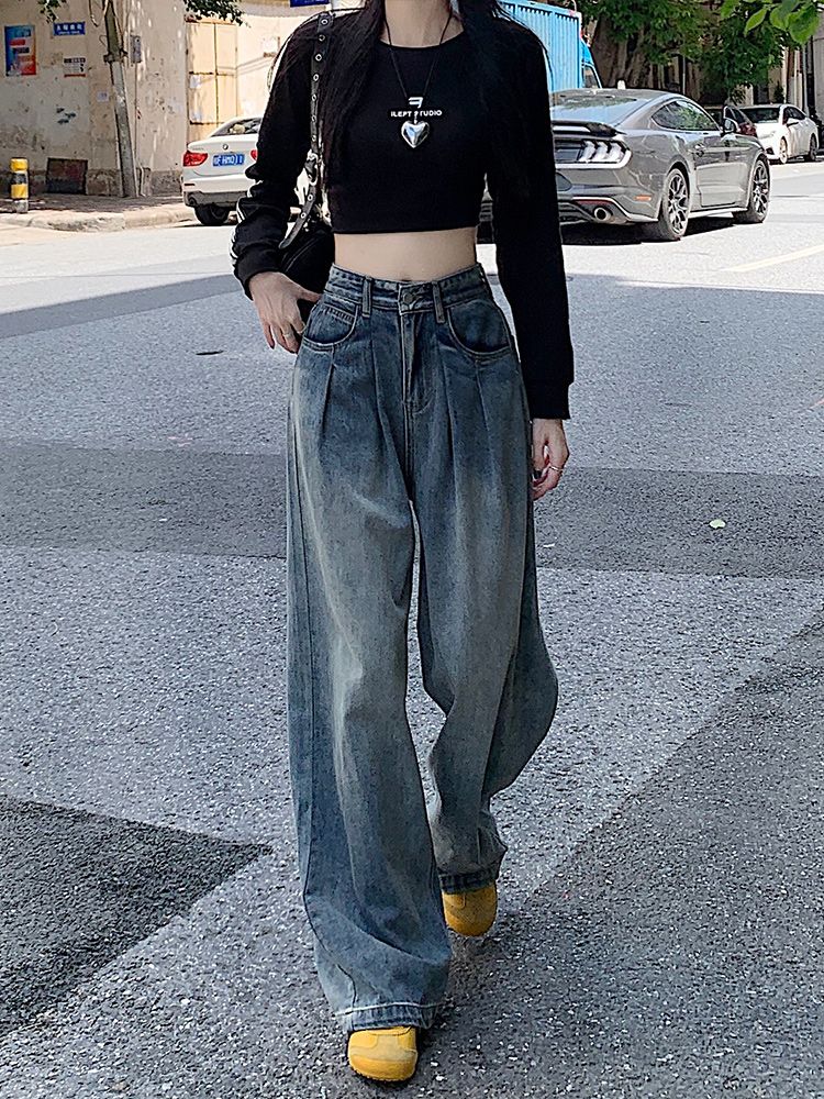 YSYOURS復古美式闊腿牛仔褲女春秋高腰設計感大碼直筒寬鬆拖地褲