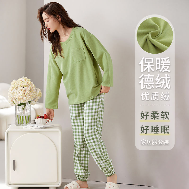 2023年新款睡衣女春秋款冬季德絨加厚保暖長袖大碼套裝家居服外穿