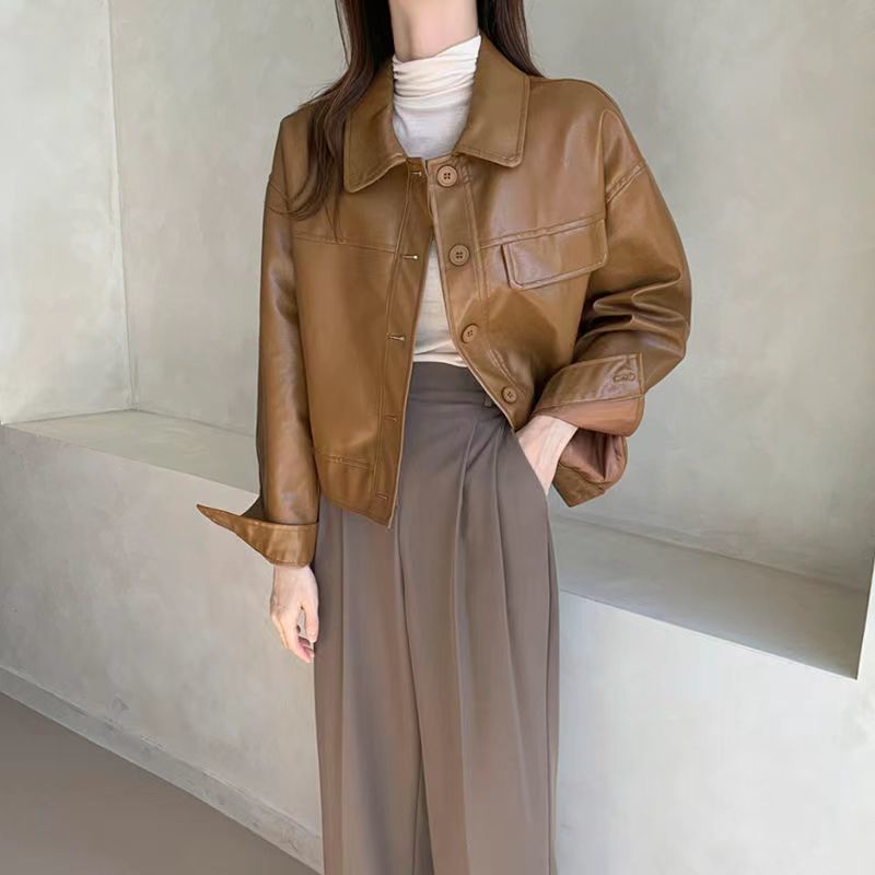 Korean chic autumn niche handsome lapel single-breasted loose casual long-sleeved motorcycle wear leather jacket short jacket for women