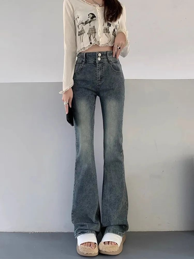 美式復古微喇牛仔褲女秋季新款高腰修身顯瘦百搭直筒拖地喇叭褲子