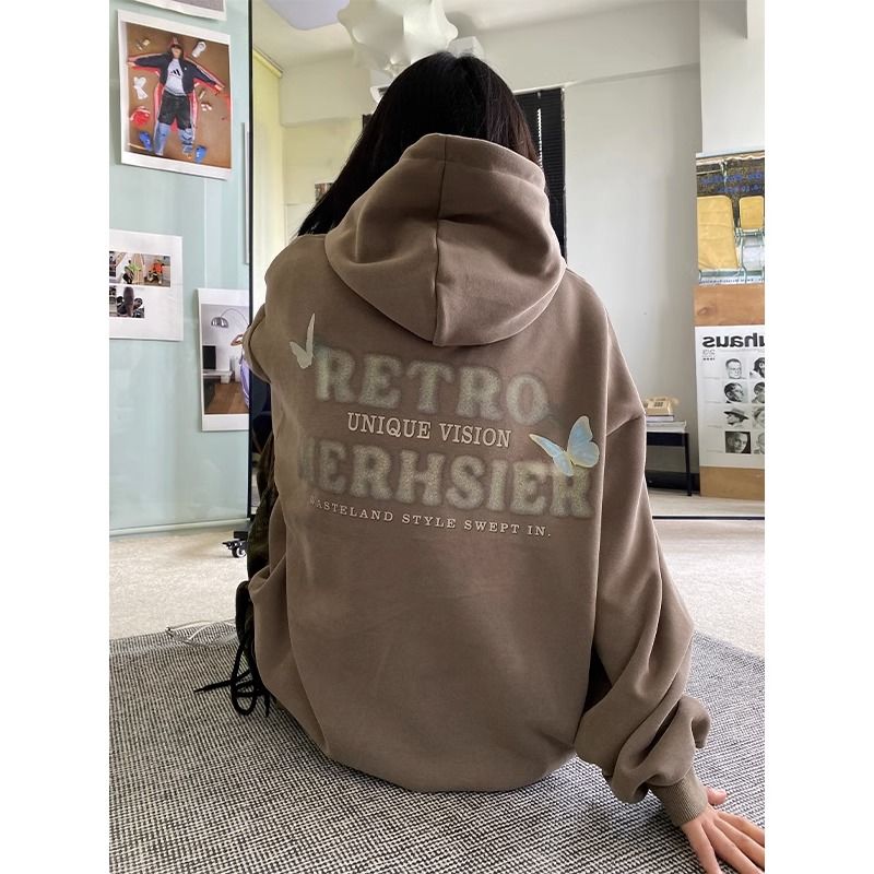 重磅純棉蝴蝶印花連帽衛衣女秋冬季新款oversize潮牌美式復古帽衫