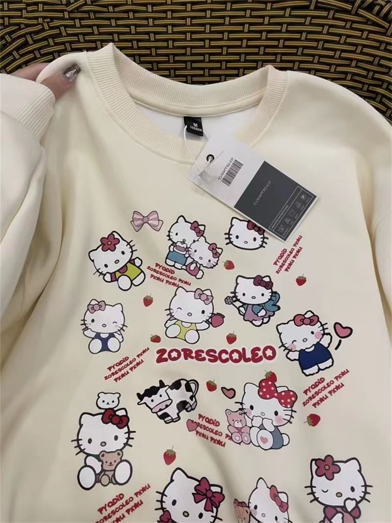 美式復古HelloKitty衛衣女春秋可愛寬鬆慵懶風學生百搭加絨衛衣女