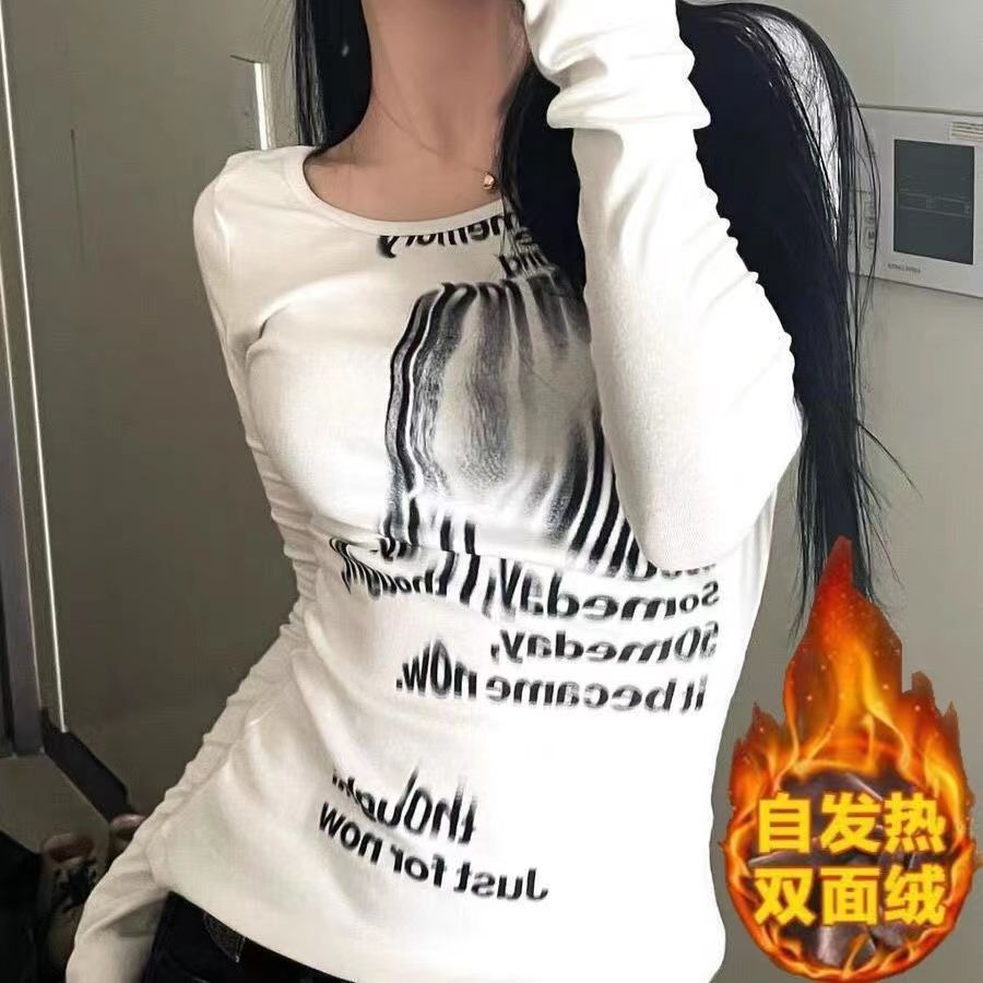 設計感獨特印花修身長袖T恤美式修身打底衫辣妹德絨內搭上衣女ins