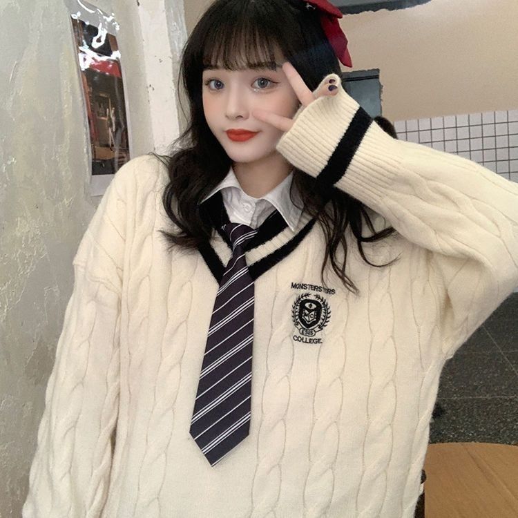 學院風秋冬甜美可愛V領毛衣女學生長袖韓版寬鬆百搭針織衫外套潮