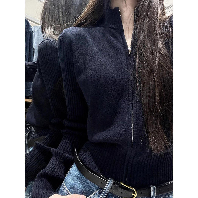小香風黑色半高領拉鏈針織開衫外套女新款春秋季穿搭外搭古着毛衣