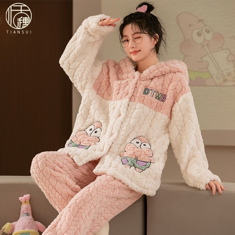 冬季新款珊瑚絨睡衣女網紅爆款提花絨加絨加厚法蘭絨慵懶風家居服