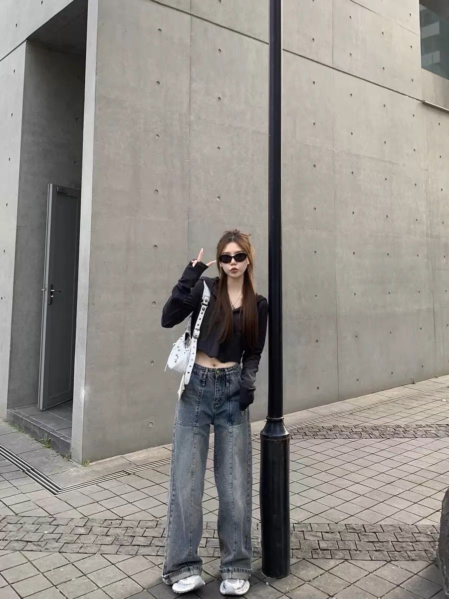 復古做舊水洗色寬鬆闊腿長褲高腰牛仔褲女2023秋季小眾垂感拖地褲