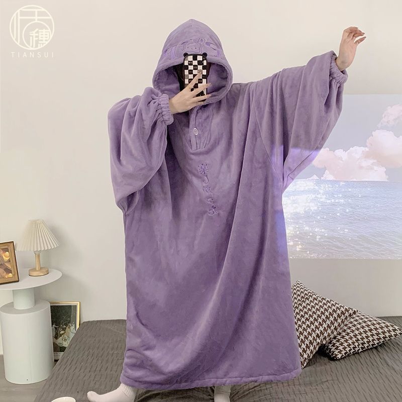 珊瑚絨睡裙女士冬季加厚加絨法蘭絨寬鬆連帽保暖睡衣超長款到腳踝