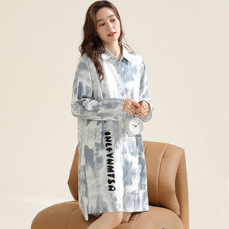 新款高檔睡裙女春秋季襯衫長袖中裙韓版寬鬆冬天開衫家居服可外穿