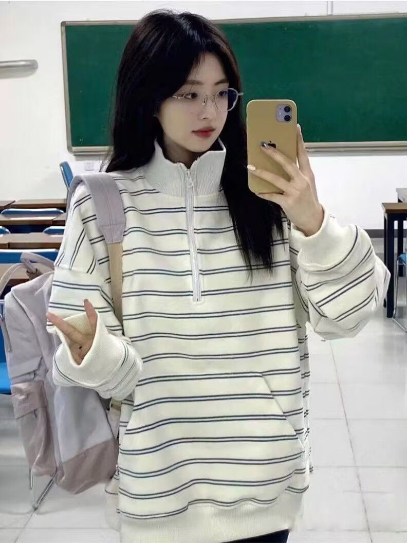 美式復古韓系半拉鏈長袖上衣T恤美拉德學院風休閒百搭小眾學生ins