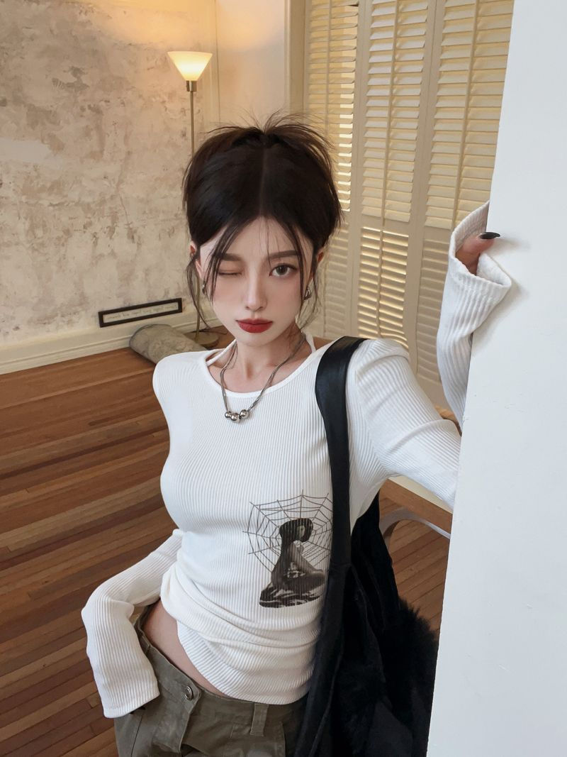 辣妹德絨美式復古印花掛脖長袖T恤女秋冬季修身內搭打底衫上衣潮