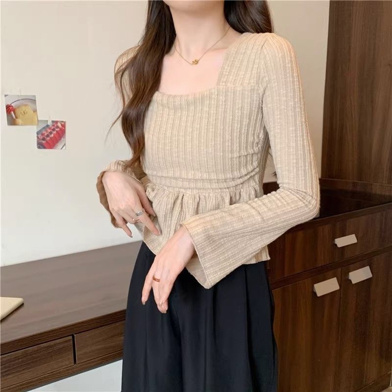 French square-neck long-sleeved bottoming shirt for autumn and winter, new style, gentle wind, waist slimming, flesh-covering top, bell-sleeved T-shirt