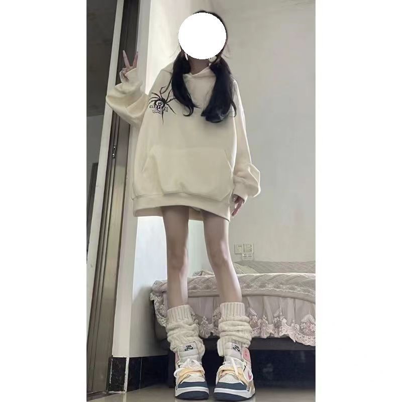 100%紡棉美式高街慵懶時尚杏色連帽衛衣女寬鬆百搭小眾外套上衣