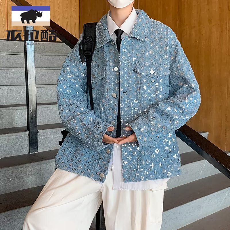 國潮復古亮片牛仔夾克男女百搭寬鬆百搭休閒翻領外套潮流休閒外套