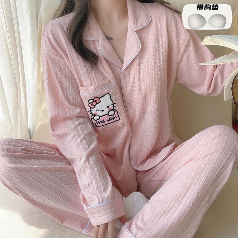 帶胸墊睡衣女款春秋季純棉2023新款可愛卡通開衫可外穿家居服冬天