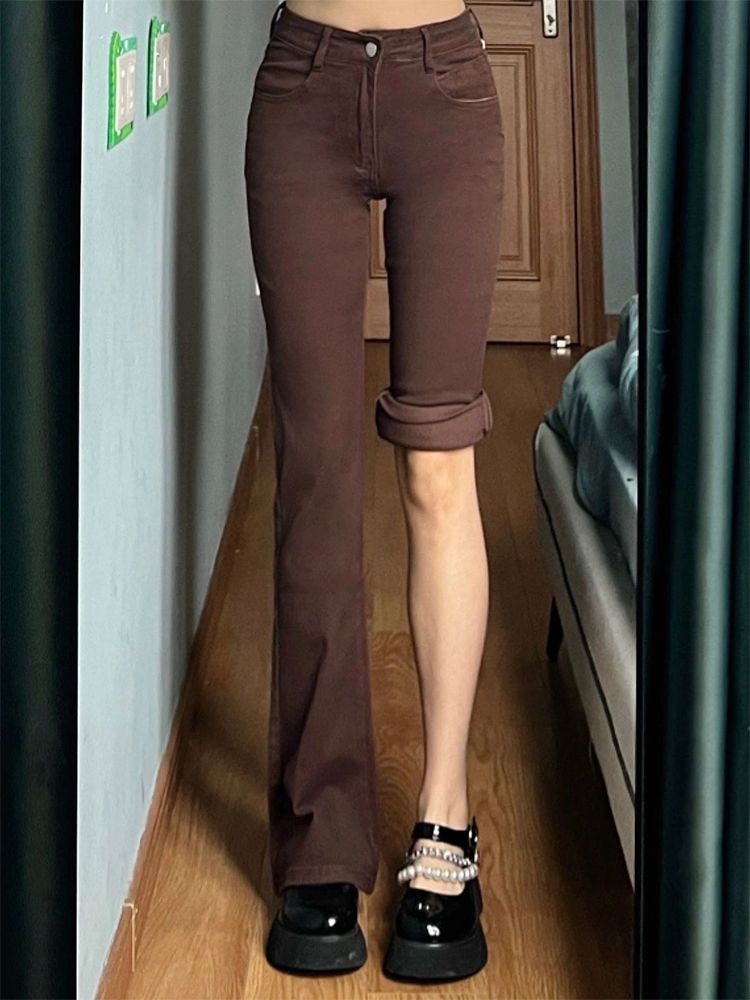 美拉德咖色微喇叭牛仔褲女秋季新款辣妹高腰修身顯瘦直筒拖地褲子