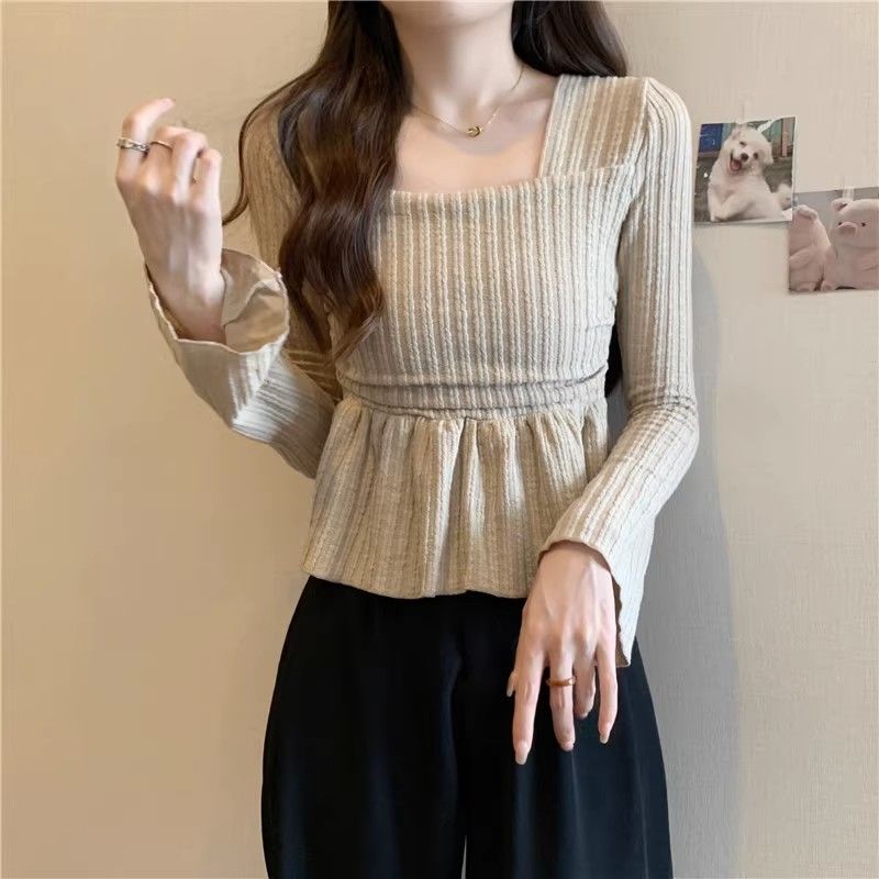 French square-neck long-sleeved bottoming shirt for autumn and winter, new style, gentle wind, waist slimming, flesh-covering top, bell-sleeved T-shirt