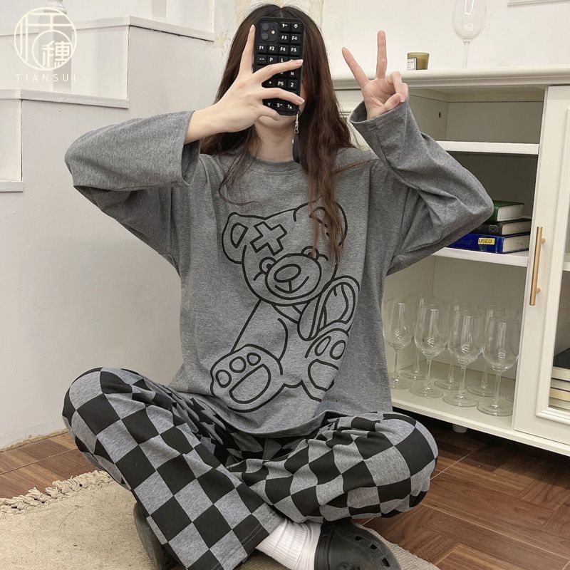 女士新款睡衣春秋季棉質長袖卡通小熊網紅風家居服兩件套可外穿爆