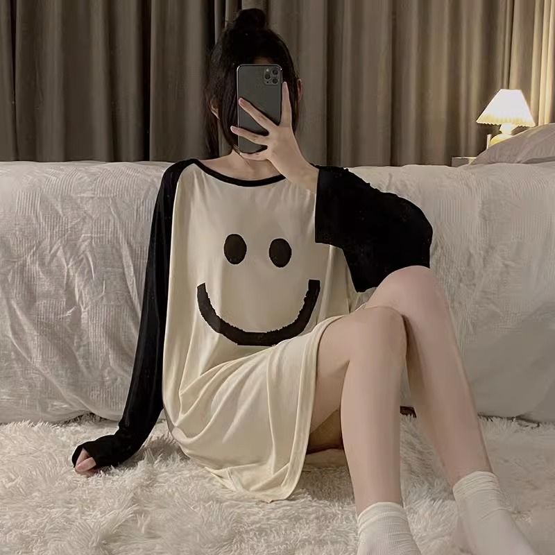 大碼300斤笑臉睡裙女春秋新款胖mm寬鬆顯瘦長袖可外穿薄款睡衣女