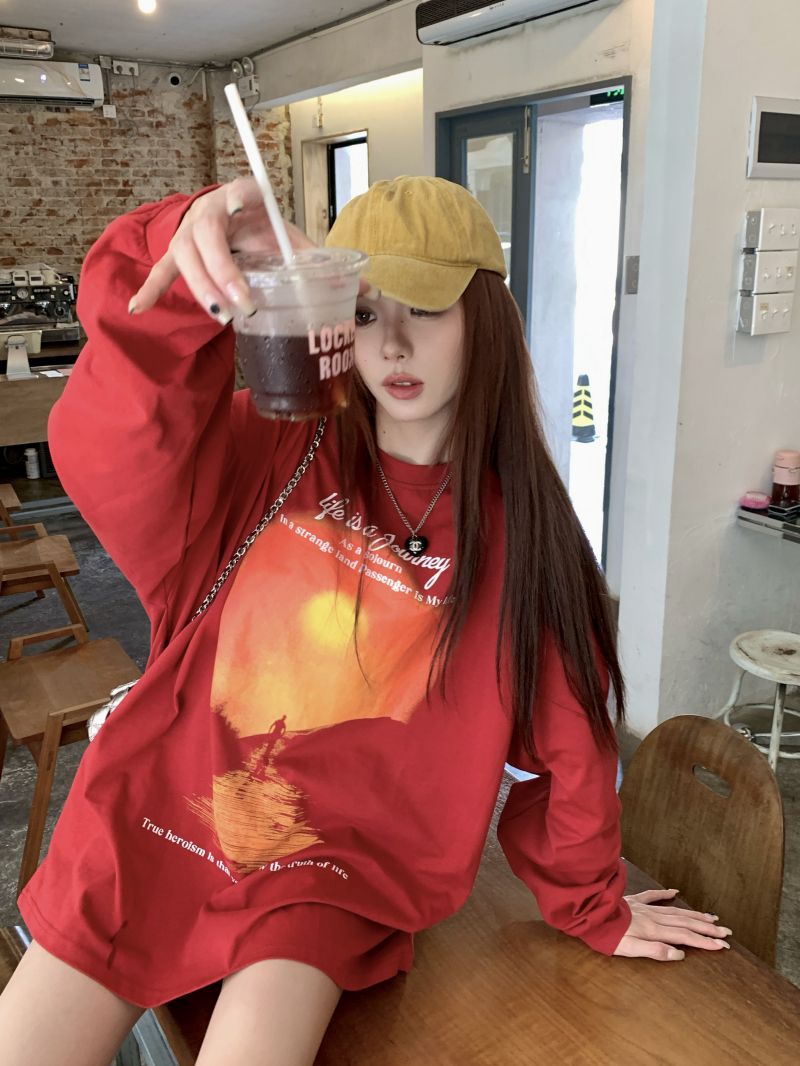 重磅純棉日落印花長袖t恤女春秋季新款情侶裝寬鬆顯瘦打底衫ins潮