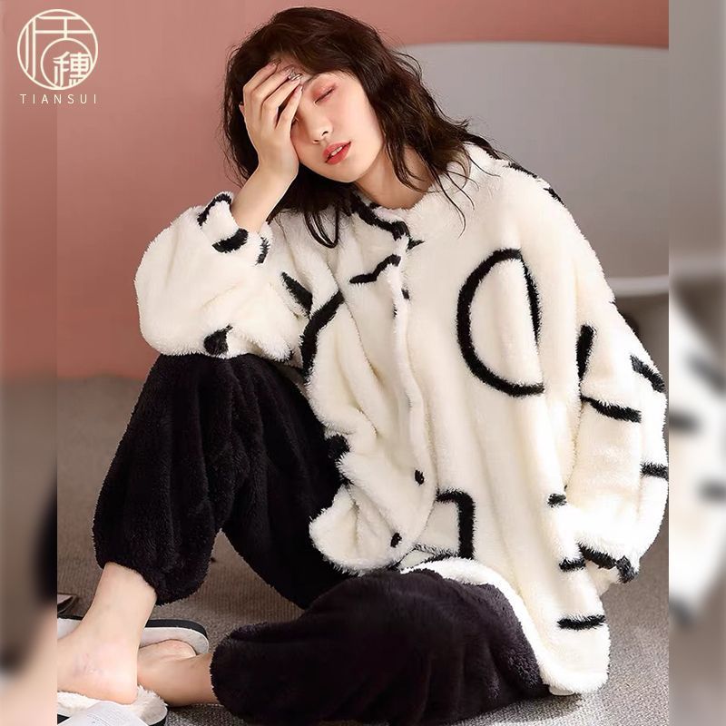 珊瑚絨睡衣女秋冬季加厚加絨保暖新款法蘭絨時尚可外穿家居服套裝