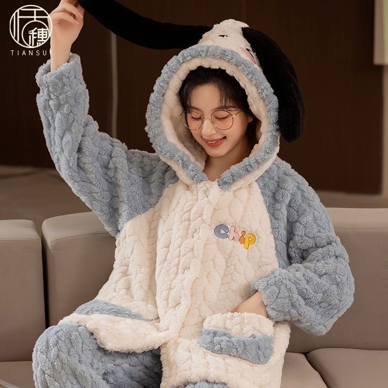 睡衣女士冬季提花絨開衫加厚加絨珊瑚絨外穿保暖法蘭絨家居服套裝