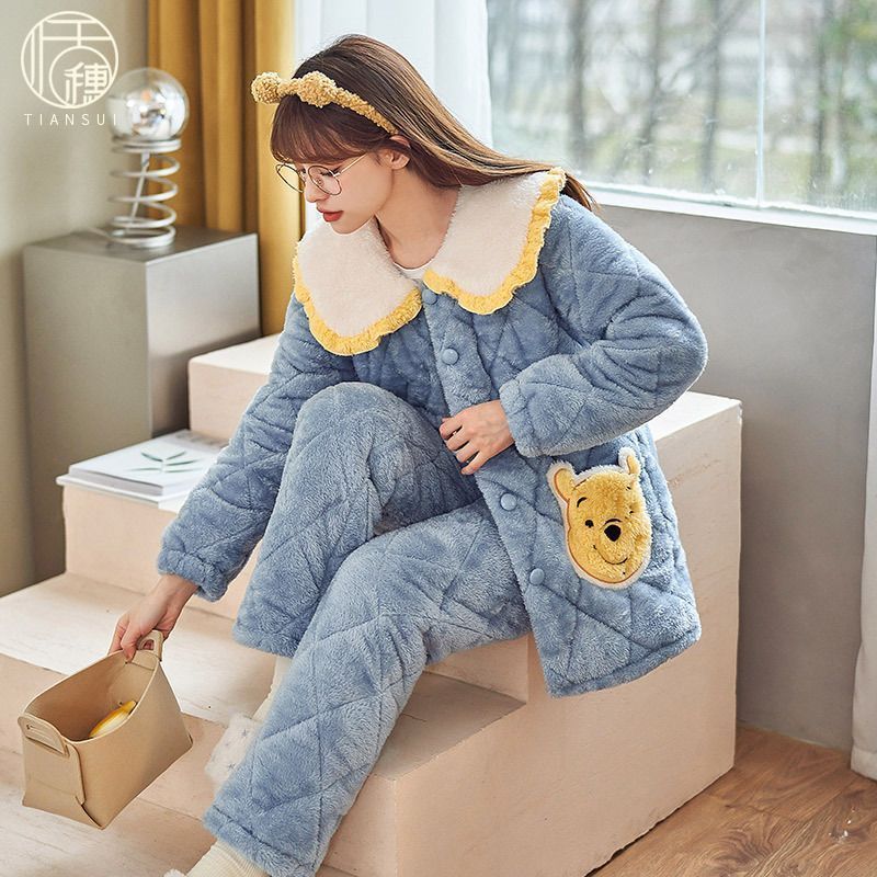 2023年冬季新款珊瑚絨夾棉睡衣女三層加厚法蘭絨網紅家居服套裝