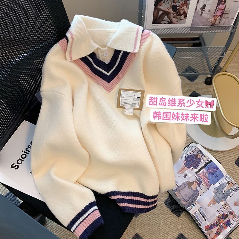 MINETTE日系假兩件polo毛衣女秋冬寬鬆慵懶風復古軟糯加厚外套
