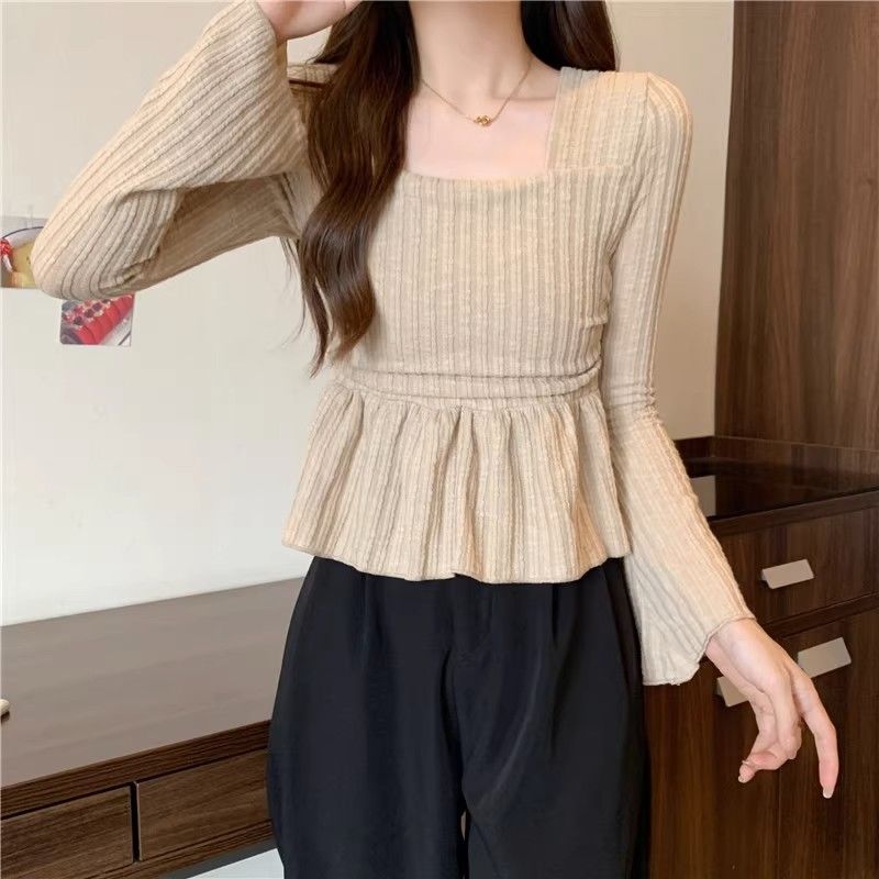 French square-neck long-sleeved bottoming shirt for autumn and winter, new style, gentle wind, waist slimming, flesh-covering top, bell-sleeved T-shirt