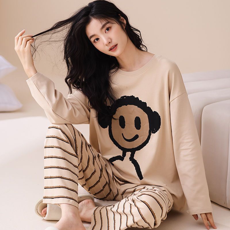 New pure cotton pajamas for women in spring and autumn loose long-sleeved student suits cartoon cute winter wearable home clothes