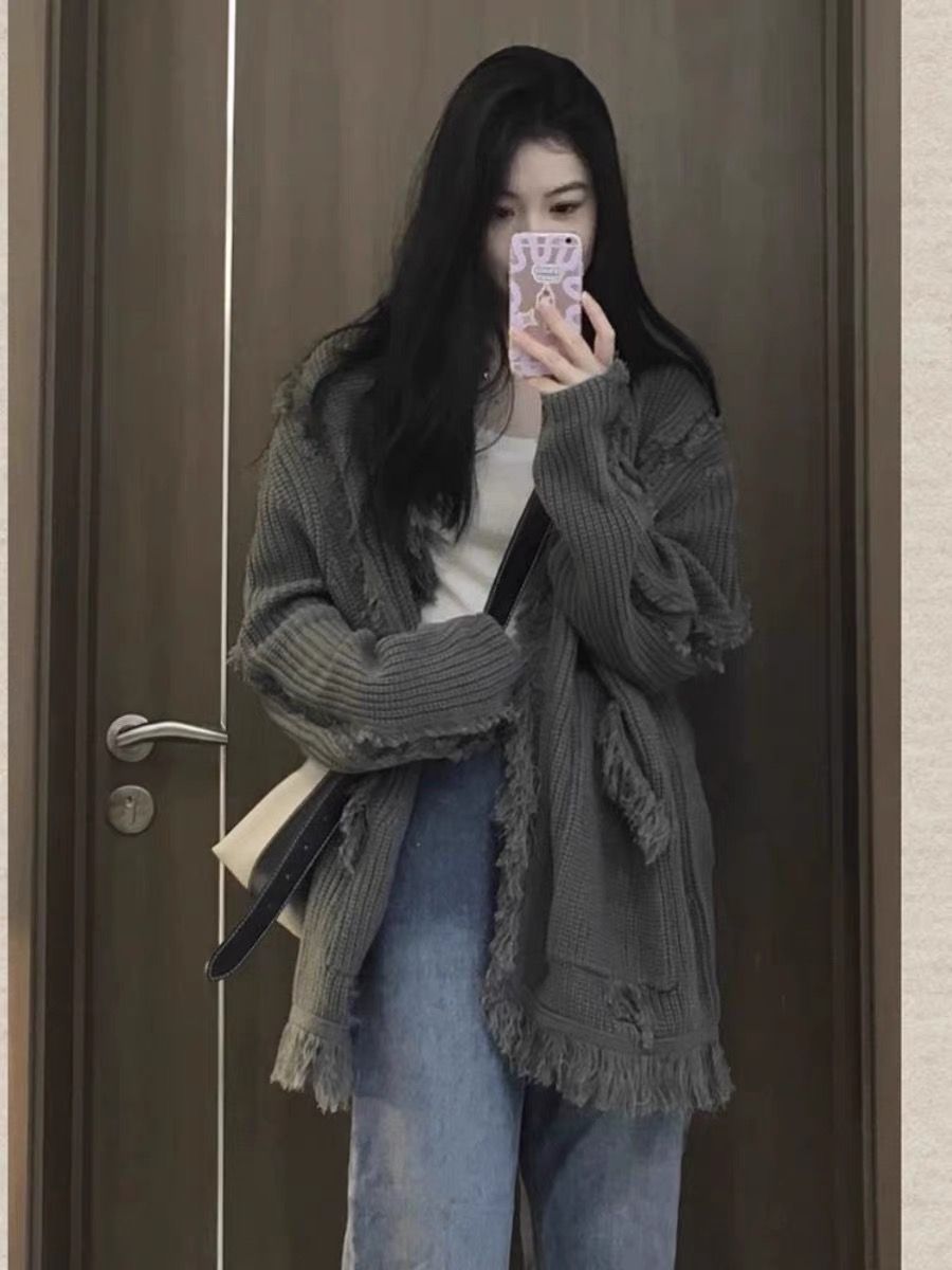 Large size sweater women's spring, autumn and winter new style lazy style niche gray loose long-sleeved cardigan top jacket