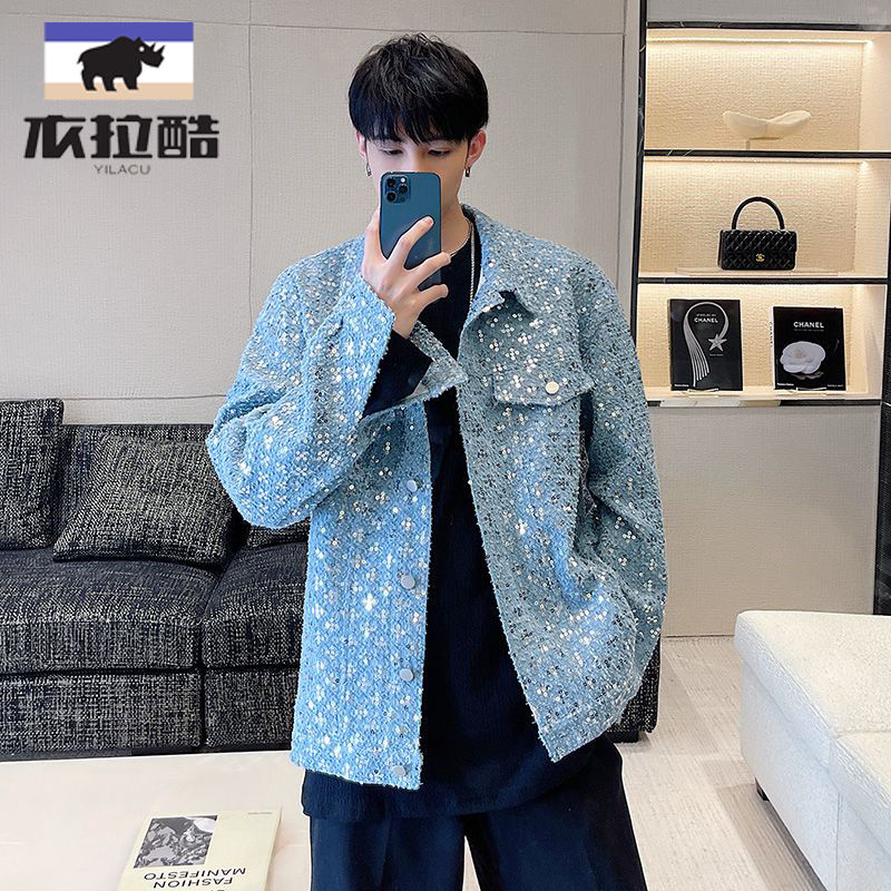 高街亮片小香風潮牌外套男春秋ins韓版寬鬆夾克炸街情侶裝牛仔衣