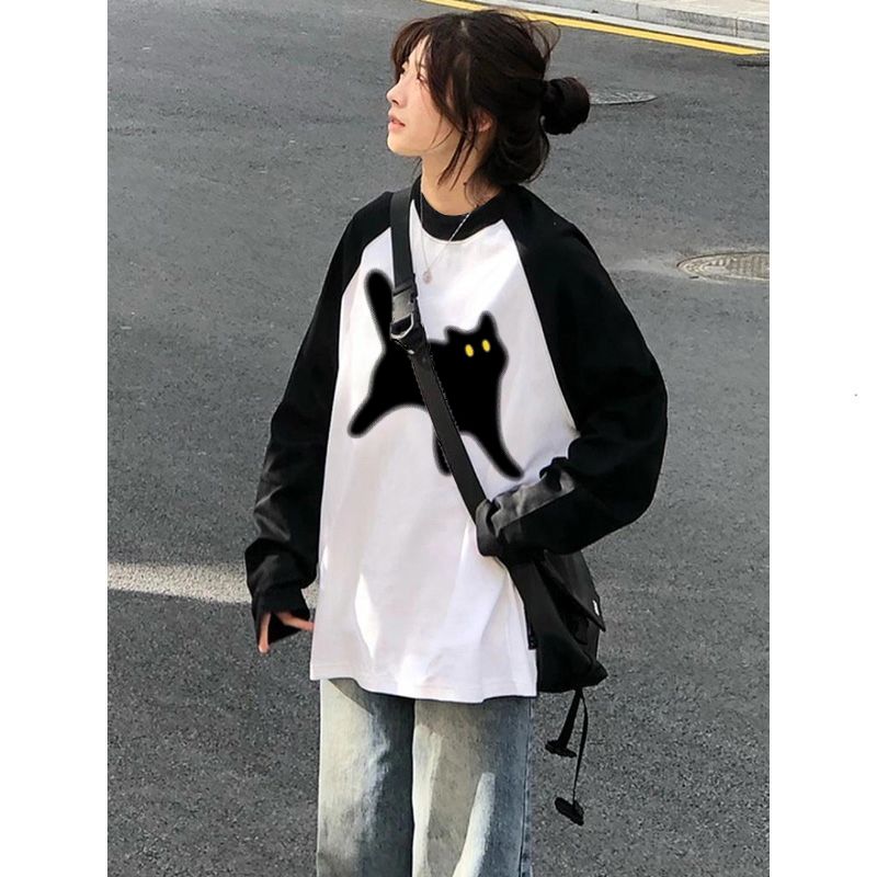 韓版簡約百搭寬鬆休閒慵懶圓領長袖t恤女拼接插肩小眾設計感上衣
