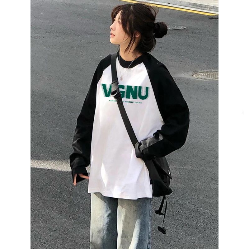 100%純棉撞色插肩長袖t恤女春秋冬季寬鬆內搭打底衫正肩拼接上衣