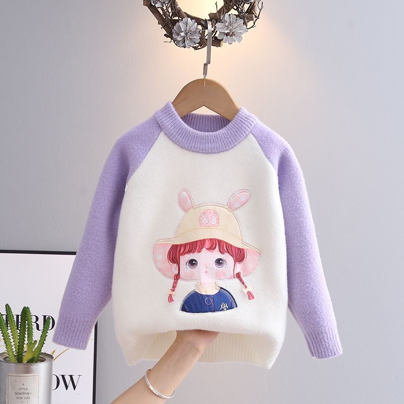 Children's Sweater 2023 Autumn and Winter New Girls' Round Neck Korean Velvet Top Girls' Style Pullover Knitted Bottoming Shirt
