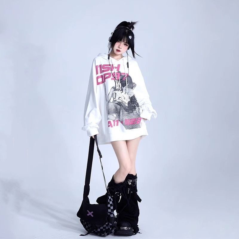 重磅純棉美式復古印花連帽衛衣女秋冬季新款oversize潮牌百搭帽衫